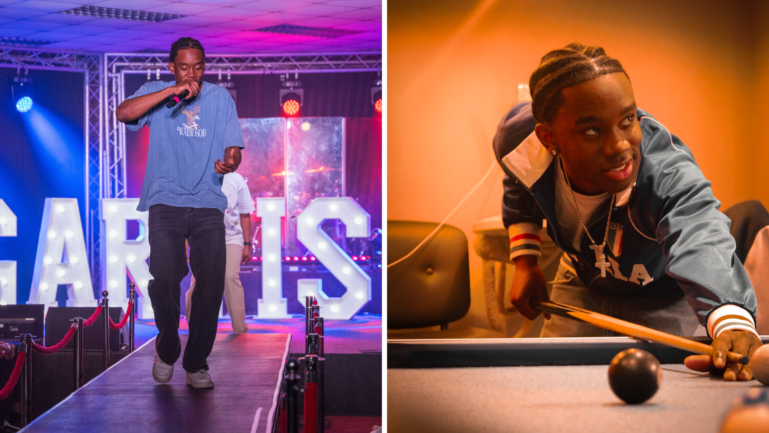This image is a split-frame composition featuring a young Black man, presumably an artist or performer, in two different settings.