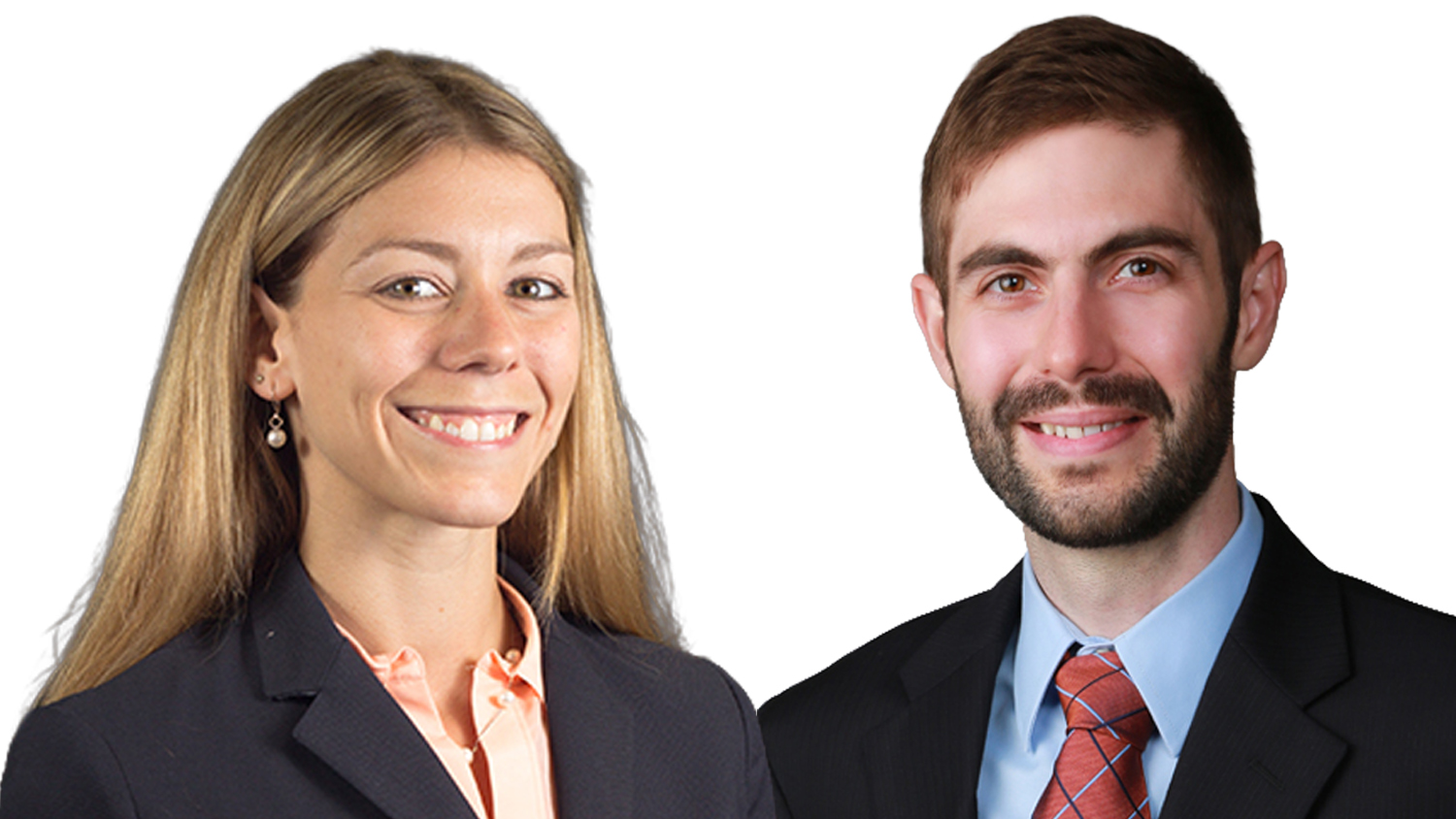 An image of two people's headshots. On the left, a woman with long blonde hair, on the right, a man with darker hair. Both are wearing business professional attire.