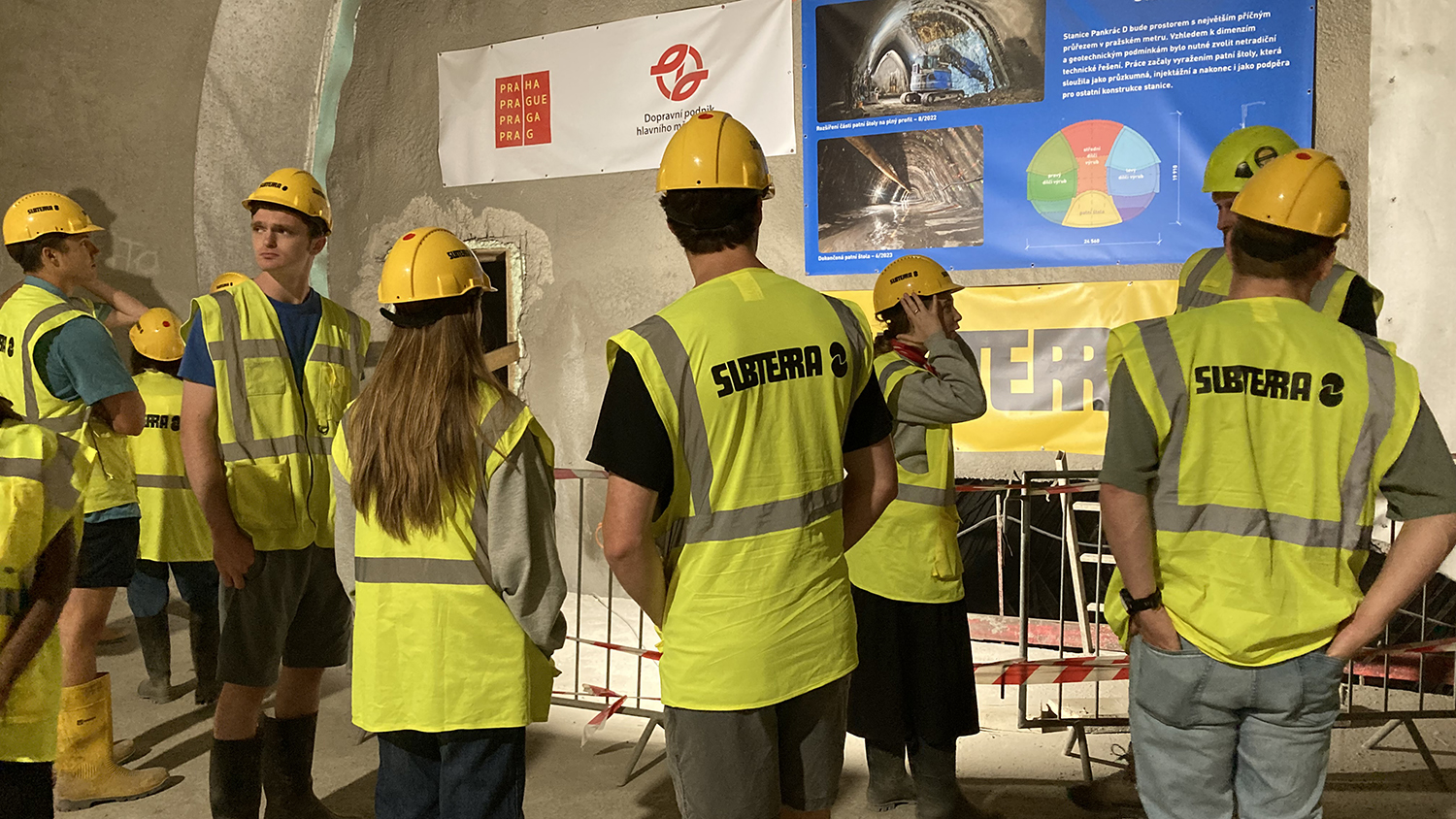 Image shows NC State students in hard hats and construction hear while in Prague.